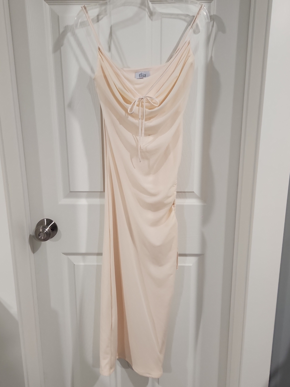 Oh Polly Cream Draped Spaghetti Strap Cutout Maxi Dress US 6 Bodycon Back Slit